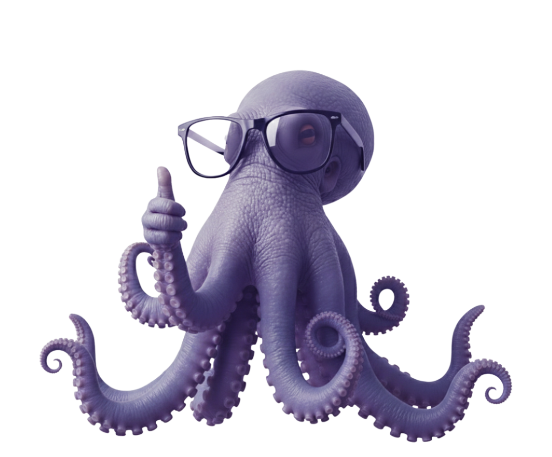 Mascota Pulpoo, pulpo morado con gafas y pulgar hacia arriba